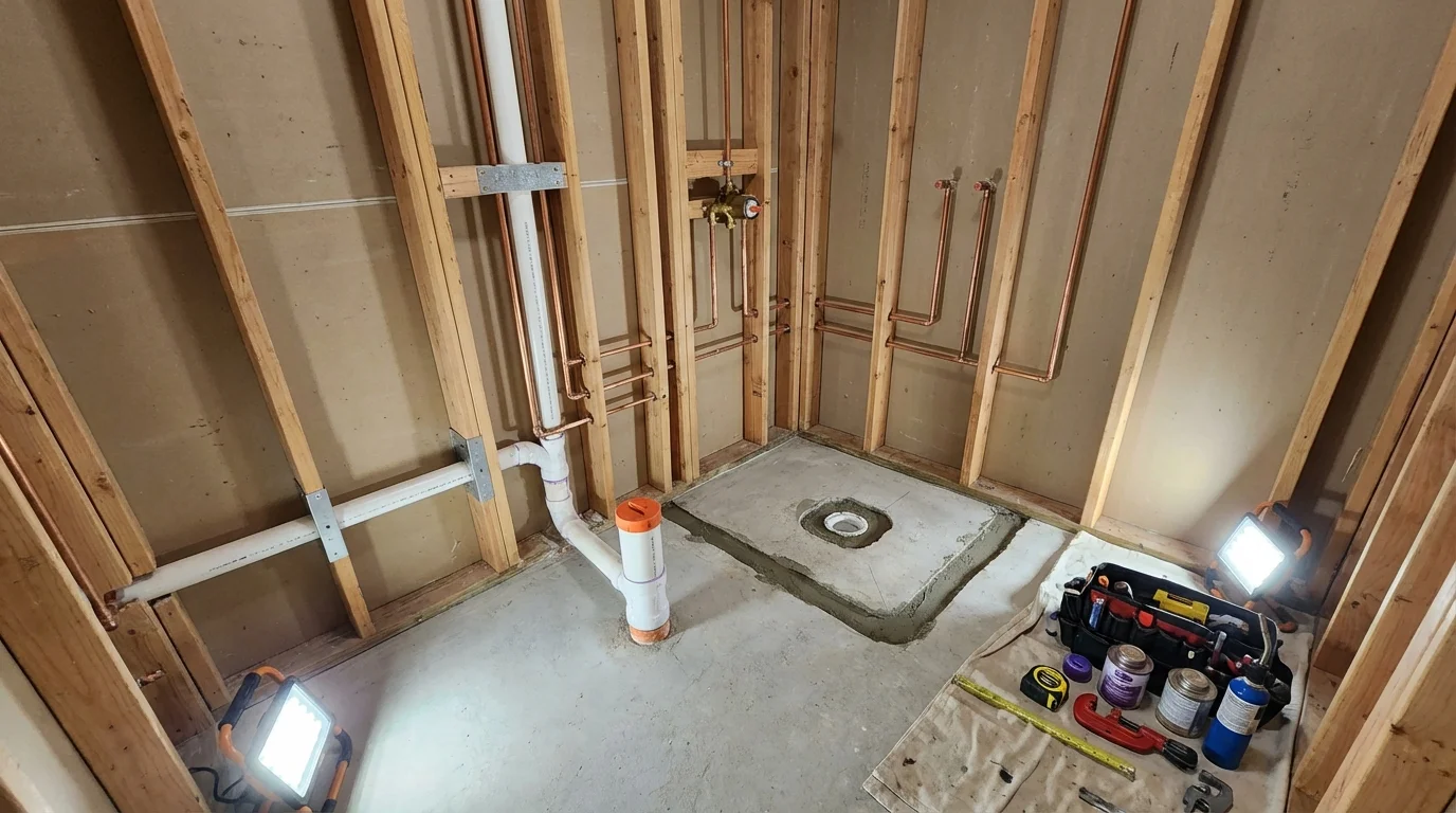 Bathroom rough-in plumbing during remodel by Johns Plumbing LLC in Northville