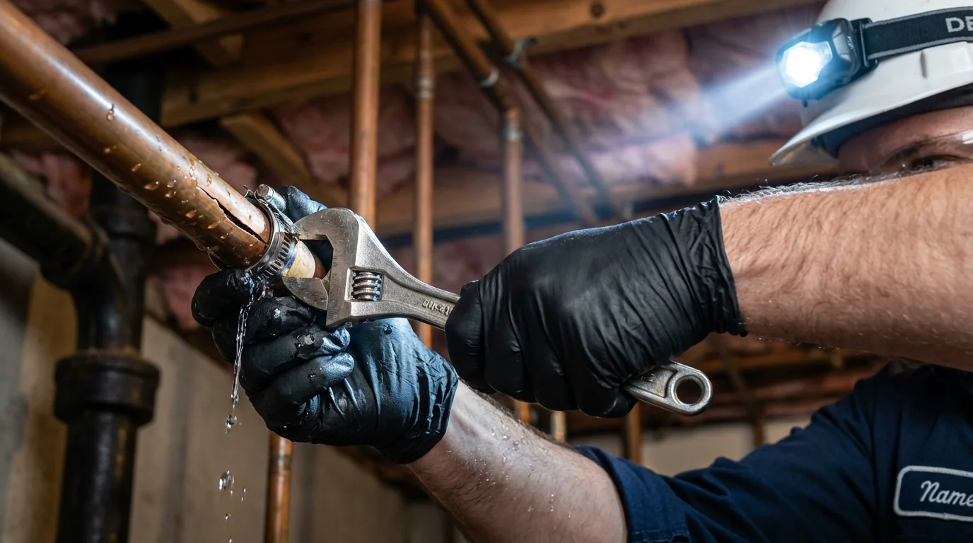 Emergency pipe clamp repair being performed by a Johns Plumbing LLC plumber in Northville