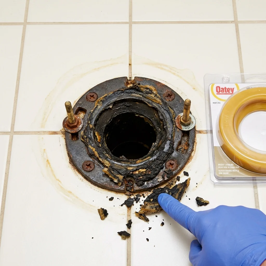 Failed wax ring showing water seepage at the base of a toilet in a Northville, MI home