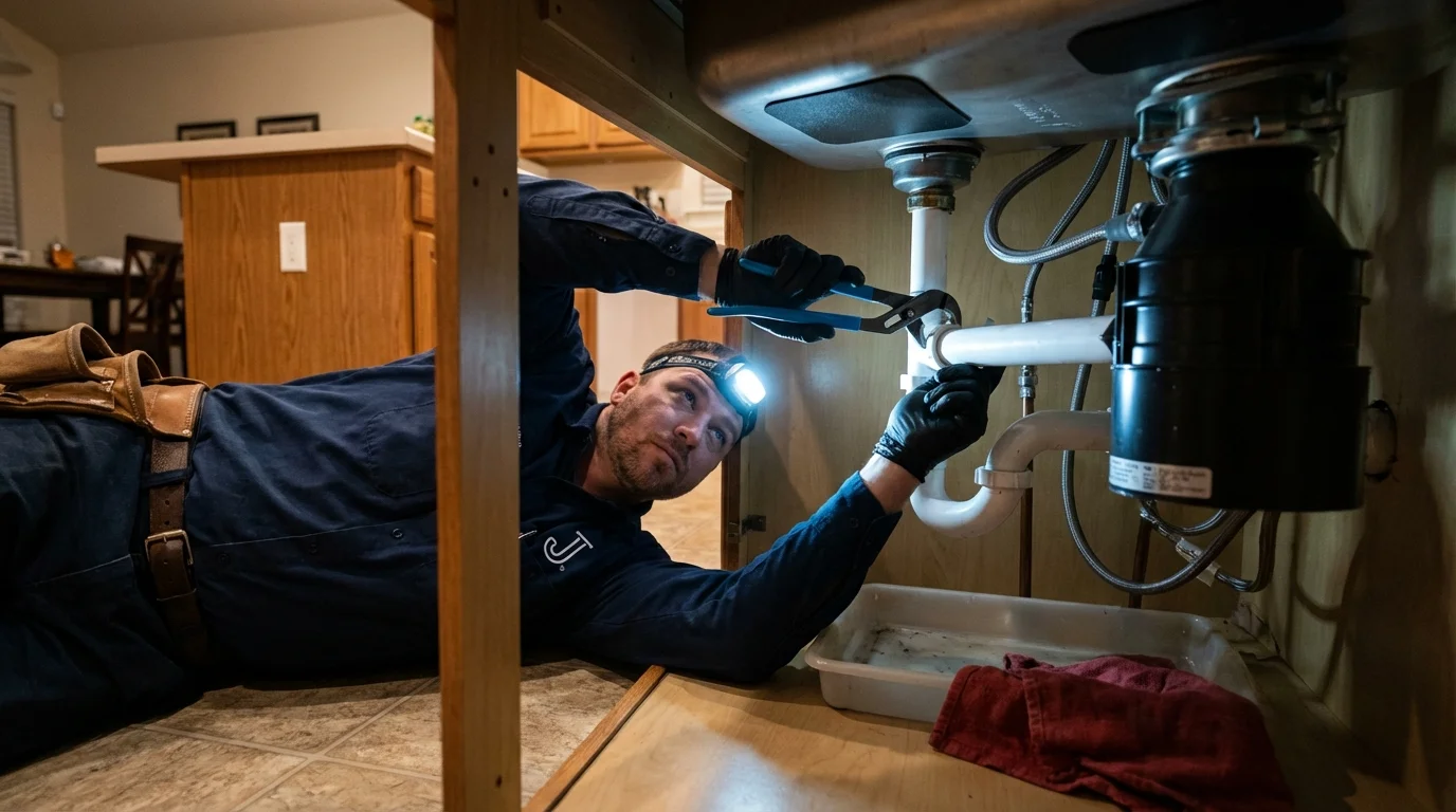 P-trap and supply line connections under a kitchen sink showing a common leak point in Northville, MI